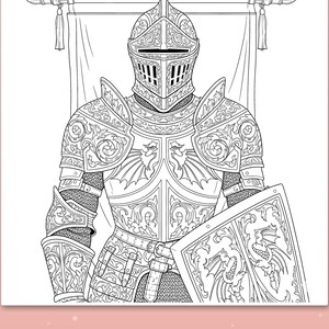 May include: A black and white line art colouring page featuring a knight in ornate plate armour with dragon motifs on the chest and shield. The knight stands before a banner hanging from a rod. The text "Thick, bold lines" is at the bottom.