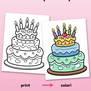 May include: Two birthday cake illustrations on white paper. One is a black and white line drawing, the other is a colored version with a yellow top tier, blue middle tier, and green base. Text reads: Color it your way! print color! Example colored with AI.