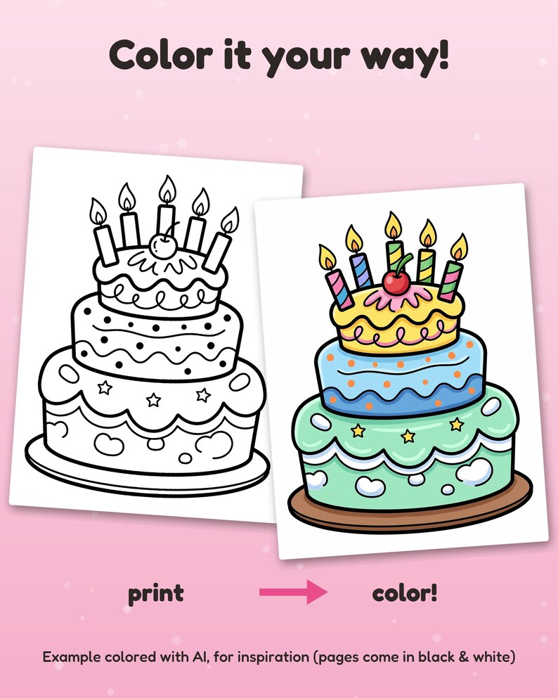 May include: Two birthday cake illustrations on white paper. One is a black and white line drawing, the other is a colored version with a yellow top tier, blue middle tier, and green base. Text reads: Color it your way! print color! Example colored with AI.