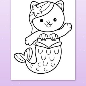 May include: A black and white coloring page featuring a cat mermaid with a starfish in its hair and a seashell top. The character has a fish tail with scale patterns and is waving. The text at the bottom reads: Big spaces for little hands.