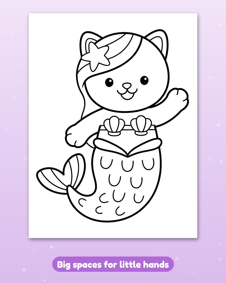 May include: A black and white coloring page featuring a cat mermaid with a starfish in its hair and a seashell top. The character has a fish tail with scale patterns and is waving. The text at the bottom reads: Big spaces for little hands.