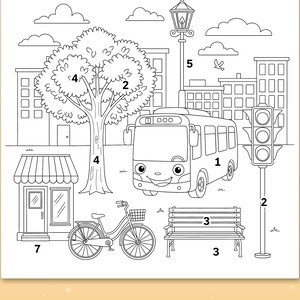 May include: A black and white coloring page featuring a city scene with a smiling bus, a bicycle, a park bench, a street lamp, a traffic light, a building, and a tree. The image includes numbered labels and the text Thick, bold lines.