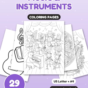 Puede incluir: Una colección de páginas para colorear titulada MUSIC & INSTRUMENTS que presenta dibujos en blanco y negro de animales tocando varios instrumentos musicales en un escenario, incluyendo un oso al piano, un zorro con violín y un conejo con violonchelo.