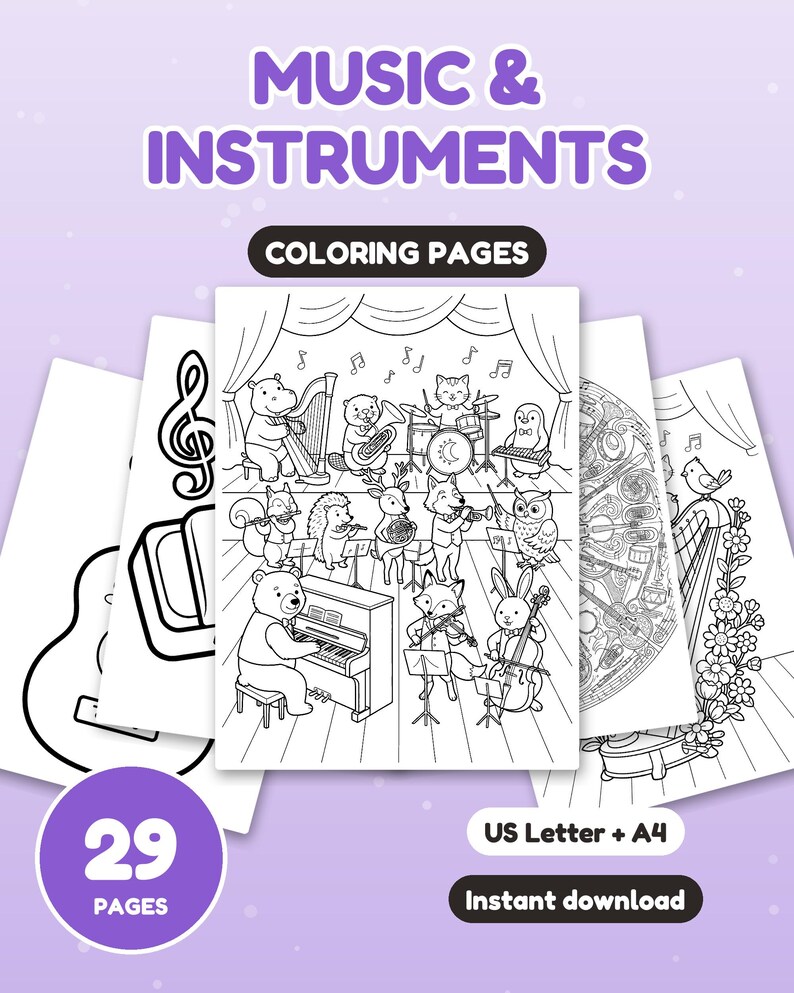 29 Music & Instruments Coloring Pages for Kids, Music and Instruments Coloring Book, Guitar Drum Piano, Printable PDF, Instant Download image 1