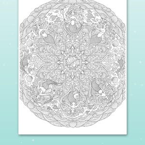 May include: A black and white coloring page featuring a circular mandala design filled with mermaids, seashells, fish, and coral reef elements. The intricate line art is centered on a white background with the text Cute scenes kids love.