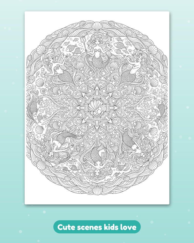 May include: A black and white coloring page featuring a circular mandala design filled with mermaids, seashells, fish, and coral reef elements. The intricate line art is centered on a white background with the text Cute scenes kids love.