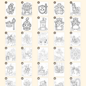 Peut inclure: Un ensemble de 30 pages de coloriage en noir et blanc sur le th&egrave;me m&eacute;di&eacute;val, incluant des chevaliers, ch&acirc;teaux, dragons, royaut&eacute; et sc&egrave;nes fantastiques. Le texte "Everything you get: 30 pages" et "+ cover 'This book belongs to' page - closing page" est visible.