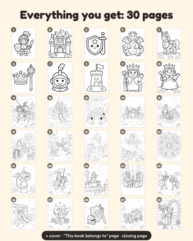 Peut inclure: Un ensemble de 30 pages de coloriage en noir et blanc sur le th&egrave;me m&eacute;di&eacute;val, incluant des chevaliers, ch&acirc;teaux, dragons, royaut&eacute; et sc&egrave;nes fantastiques. Le texte "Everything you get: 30 pages" et "+ cover 'This book belongs to' page - closing page" est visible.