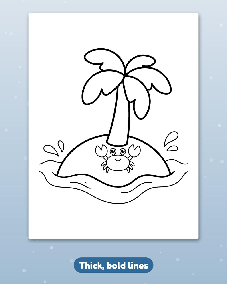 以下が含まれることがあります： 水に囲まれた小さな島を描いた白黒の塗り絵ページ。島の中央にはヤシの木が立ち、その根元には小さなカニが配置されています。イラストは太くはっきりとした線で構成されています。
