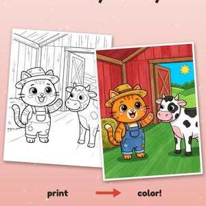 May include: A coloring page featuring a cat in overalls and a straw hat standing next to a cow in a barn. The text reads Color it your way! at the top and print color! at the bottom. A colored version is shown for inspiration.