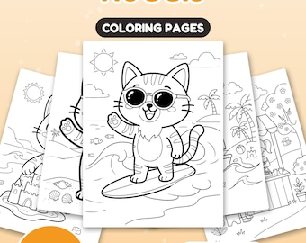 May include: A set of 30 coloring pages titled SUMMER FUN WITH NUGGIS. The pages feature black and white line art of a cat wearing sunglasses on a surfboard, a sandcastle, and a beach stand. The text includes US Letter + A4.