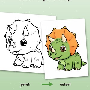 May include: A coloring page featuring a black and white line art triceratops next to a full-color version of the same dinosaur. The text reads Color it your way! print color! Example colored with AI, for inspiration (pages come in black & white)
