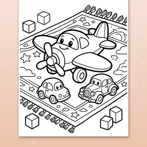 May include: A black and white coloring page featuring a cartoon airplane and two small cars on a patterned rug with tassels. The scene includes scattered cubes and stars, with the text "Cute scenes kids love" at the bottom of the page.