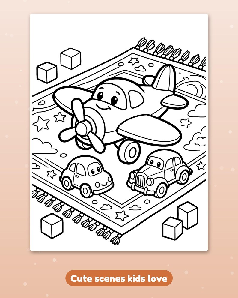 May include: A black and white coloring page featuring a cartoon airplane and two small cars on a patterned rug with tassels. The scene includes scattered cubes and stars, with the text "Cute scenes kids love" at the bottom of the page.