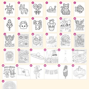 Puede incluir: Una colecci&oacute;n de libro para colorear digital con 31 p&aacute;ginas de ilustraciones de arte lineal en blanco y negro que incluyen una pi&ntilde;ata, maracas, un cactus, un ajolote, un drag&oacute;n, un sombrero, una guitarra, una bandera y el texto Viva M&eacute;xico.