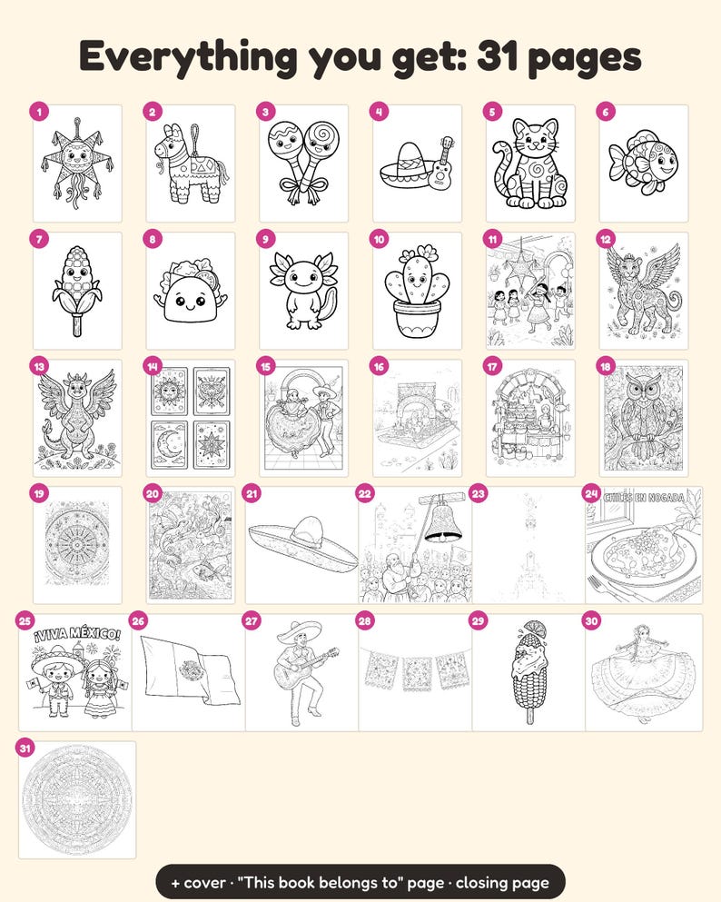 Puede incluir: Una colecci&oacute;n de libro para colorear digital con 31 p&aacute;ginas de ilustraciones de arte lineal en blanco y negro que incluyen una pi&ntilde;ata, maracas, un cactus, un ajolote, un drag&oacute;n, un sombrero, una guitarra, una bandera y el texto Viva M&eacute;xico.