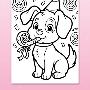 May include: A black and white coloring page featuring a puppy wearing a party hat, holding a party blower in its mouth, surrounded by confetti and swirl patterns. The text at the bottom reads: Big spaces for little hands.