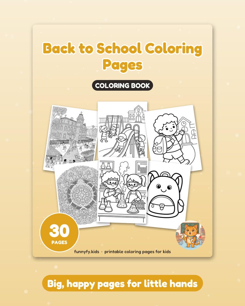 Puede incluir: Un libro para colorear Back to School Coloring Pages de 30 p&aacute;ginas. La portada muestra seis ilustraciones en blanco y negro que incluyen una escuela, un parque, un estudiante con mochila, un laboratorio y una mochila. Texto: "funnyfy.kids" y "Big, happy pages for little hands."