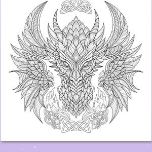 Peut inclure: Une page de coloriage en noir et blanc repr&eacute;sentant une t&ecirc;te de dragon d&eacute;taill&eacute;e avec de grandes ailes complexes d&eacute;ploy&eacute;es. Le motif comprend des &eacute;cailles orn&eacute;es, des cornes pointues et des n&oelig;uds celtiques d&eacute;coratifs en haut et en bas.