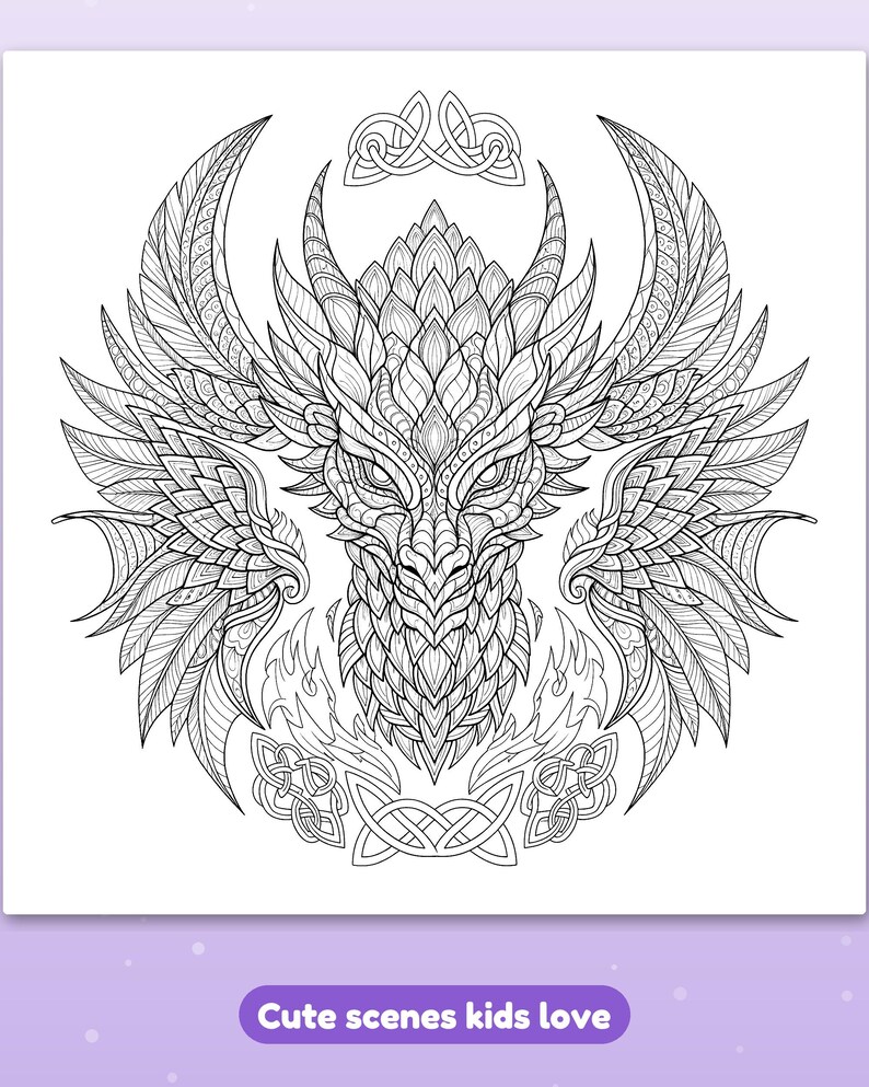 Peut inclure: Une page de coloriage en noir et blanc repr&eacute;sentant une t&ecirc;te de dragon d&eacute;taill&eacute;e avec de grandes ailes complexes d&eacute;ploy&eacute;es. Le motif comprend des &eacute;cailles orn&eacute;es, des cornes pointues et des n&oelig;uds celtiques d&eacute;coratifs en haut et en bas.