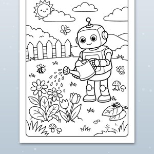Puede incluir: Una p&aacute;gina para colorear en blanco y negro que muestra a un robot amigable regando flores en un jard&iacute;n. La escena incluye un sol sonriente, nubes, una valla, mariposas, una abeja, setas y una mariquita con l&iacute;neas gruesas y marcadas.