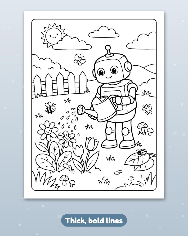 Puede incluir: Una p&aacute;gina para colorear en blanco y negro que muestra a un robot amigable regando flores en un jard&iacute;n. La escena incluye un sol sonriente, nubes, una valla, mariposas, una abeja, setas y una mariquita con l&iacute;neas gruesas y marcadas.