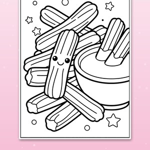 May include: A black and white coloring page featuring a pile of churros, one with a smiling face, next to a bowl of dipping sauce. The illustration includes decorative stars and circles, all outlined with thick, bold lines for easy coloring.