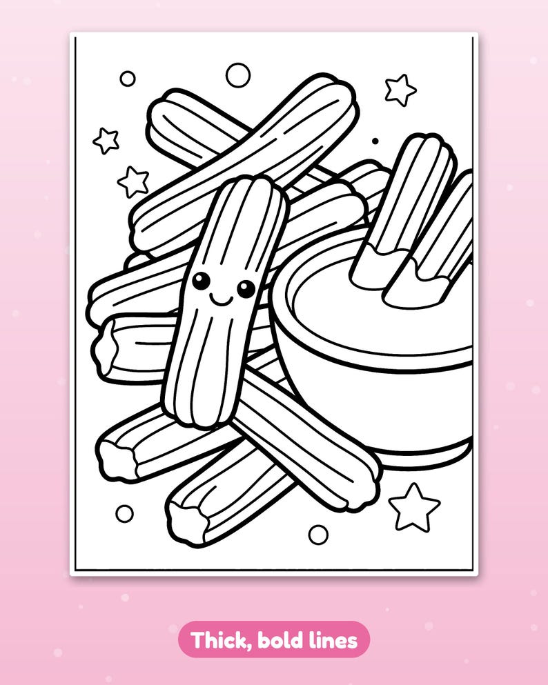 May include: A black and white coloring page featuring a pile of churros, one with a smiling face, next to a bowl of dipping sauce. The illustration includes decorative stars and circles, all outlined with thick, bold lines for easy coloring.