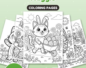 Könnte beinhalten: Eine Sammlung von 30 Malvorlagen mit dem Titel Easter & Spring with Nuggis. Die Seiten zeigen schwarz-weiße Strichzeichnungen einer Katze mit Hasenohren, die eine Schubkarre voller verzierter Ostereier durch einen Garten schiebt.