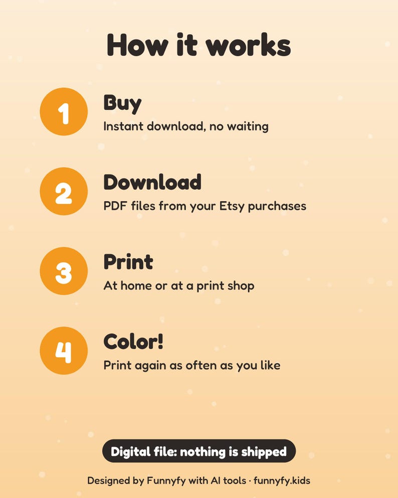May include: An instructional graphic on a light peach background titled How it works. It lists four steps: 1 Buy, 2 Download, 3 Print, and 4 Color, with brief text for each. A black button at the bottom states Digital file: nothing is shipped.
