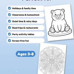 May include: A coloring page set featuring a smiling bear illustration and a detailed circular animal mandala pattern. The text includes "Perfect for," a list of activities with checkmarks, and "Ages 3-8" on a light blue background.