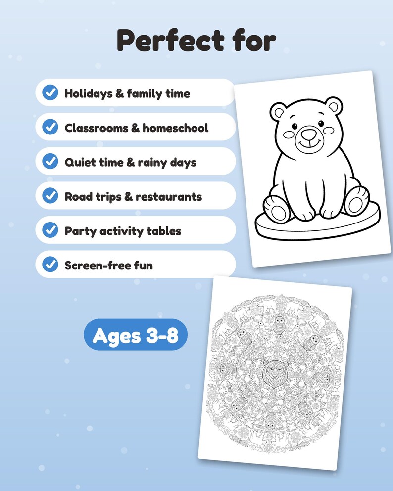 May include: A coloring page set featuring a smiling bear illustration and a detailed circular animal mandala pattern. The text includes "Perfect for," a list of activities with checkmarks, and "Ages 3-8" on a light blue background.