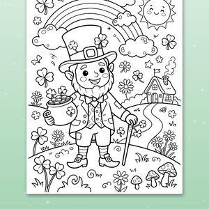 May include: A black and white coloring page featuring a leprechaun holding a pot of gold coins, standing on a path near a small house. The scene includes a rainbow, a smiling sun, shamrocks, flowers, and mushrooms. Text reads: Big spaces for little hands.