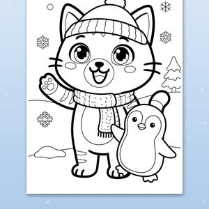 May include: A black and white coloring page featuring a cat wearing a winter hat and scarf, waving a paw next to a small penguin. The scene includes snowflakes and a pine tree in the background, all outlined with thick, bold lines.