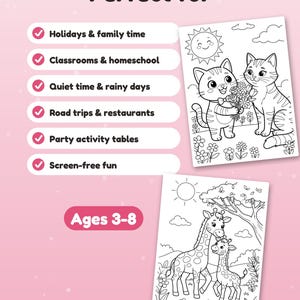 May include: Two black and white coloring pages featuring cats with flowers and giraffes in a landscape. Text includes Perfect for, Holidays & family time, Classrooms & homeschool, Quiet time & rainy days, Road trips & restaurants, Party activity tables, Screen-free fun, and Ages 3-8.