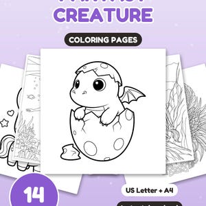 Peut inclure: Un ensemble de 14 pages de coloriage intitul&eacute; FANTASY CREATURE COLORING PAGES, pr&eacute;sentant une illustration en noir et blanc d'un b&eacute;b&eacute; dragon &eacute;closant d'un &oelig;uf tachet&eacute;, avec d'autres pages visibles, marqu&eacute;es US Letter + A4 et Instant download.