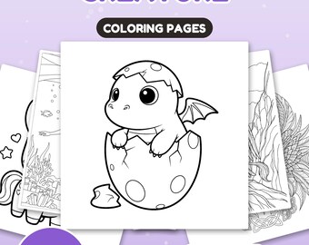 Peut inclure: Un ensemble de 14 pages de coloriage intitulé FANTASY CREATURE COLORING PAGES, présentant une illustration en noir et blanc d'un bébé dragon éclosant d'un œuf tacheté, avec d'autres pages visibles, marquées US Letter + A4 et Instant download.