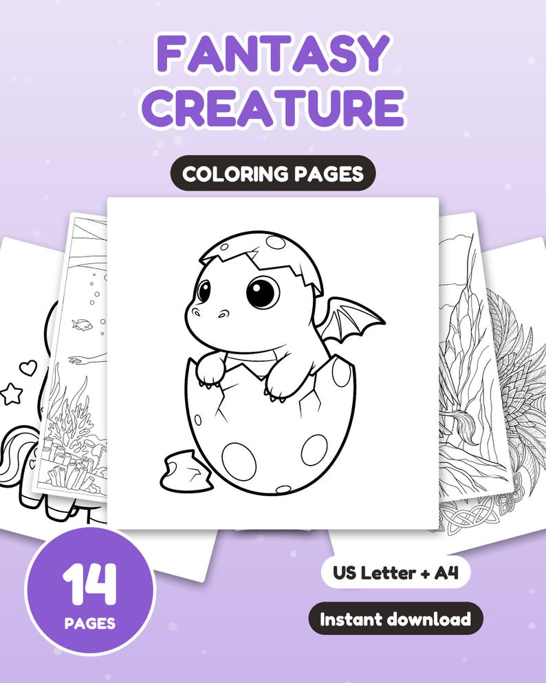Peut inclure: Un ensemble de 14 pages de coloriage intitul&eacute; FANTASY CREATURE COLORING PAGES, pr&eacute;sentant une illustration en noir et blanc d'un b&eacute;b&eacute; dragon &eacute;closant d'un &oelig;uf tachet&eacute;, avec d'autres pages visibles, marqu&eacute;es US Letter + A4 et Instant download.