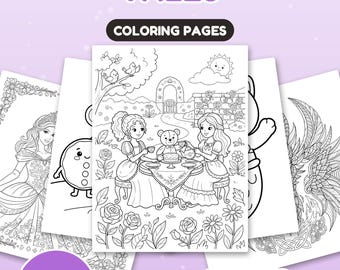 Könnte beinhalten: Eine Sammlung von 78 Malvorlagen mit dem Titel Fantasy & Fairy Tales, die schwarz-weiße Strichzeichnungen von Prinzessinnen, Teepartys mit Teddybären und Fabelwesen auf US Letter- und A4-Papier enthalten.