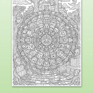 May include: A black and white colouring page featuring a large circular mandala composed of various monster faces. The background shows a forest with trees, stone ruins, and a crescent moon. The text at the bottom reads: Cute scenes kids love.