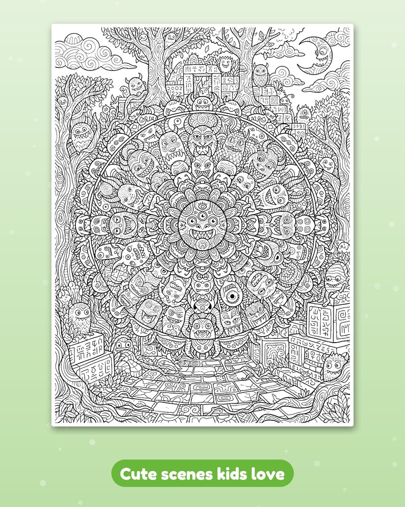 May include: A black and white colouring page featuring a large circular mandala composed of various monster faces. The background shows a forest with trees, stone ruins, and a crescent moon. The text at the bottom reads: Cute scenes kids love.