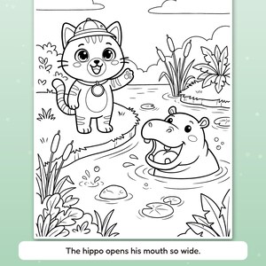 Peut inclure: Une page de coloriage en noir et blanc repr&eacute;sentant un chat portant un casque colonial et un collier au bord d'une rivi&egrave;re, tandis qu'un hippopotame la bouche ouverte nage dans l'eau. Le texte en bas indique : The hippo opens his mouth so wide.