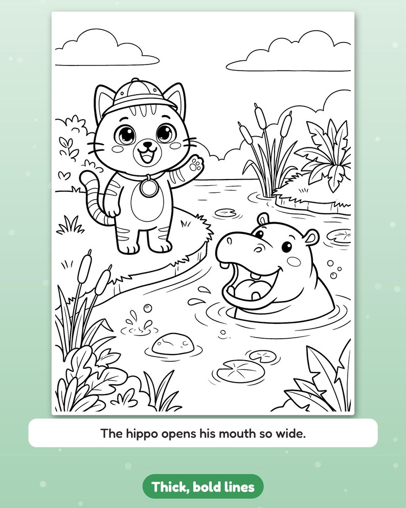 Peut inclure: Une page de coloriage en noir et blanc repr&eacute;sentant un chat portant un casque colonial et un collier au bord d'une rivi&egrave;re, tandis qu'un hippopotame la bouche ouverte nage dans l'eau. Le texte en bas indique : The hippo opens his mouth so wide.