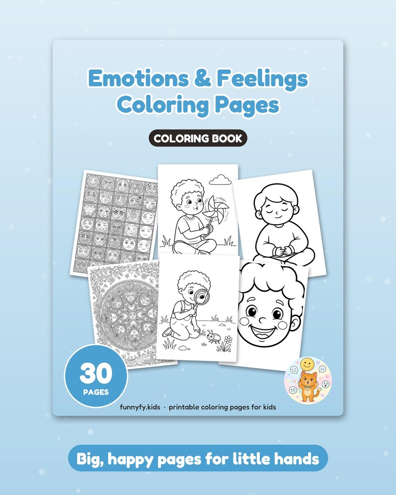 May include: A colouring book titled Emotions & Feelings Colouring Pages featuring 30 pages of black and white illustrations. The cover displays various drawings of children and faces, with the text funnyfy.kids and Big, happy pages for little hands.