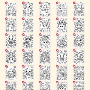 May include: A coloring book collection featuring 30 pages of black and white line art with Christmas themes including a tree, gingerbread person, snowman, reindeer, Santa, penguin, candy canes, cocoa, gifts, ornaments, bear, elf, stocking, and more.
