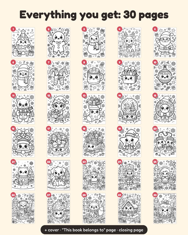 May include: A coloring book collection featuring 30 pages of black and white line art with Christmas themes including a tree, gingerbread person, snowman, reindeer, Santa, penguin, candy canes, cocoa, gifts, ornaments, bear, elf, stocking, and more.