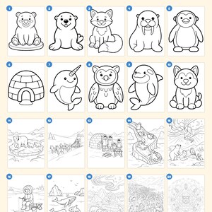 May include: A coloring book featuring 20 pages of arctic-themed illustrations, including individual animals like a bear, seal, fox, walrus, penguin, narwhal, owl, orca, and husky, plus detailed landscape scenes and a mandala design.