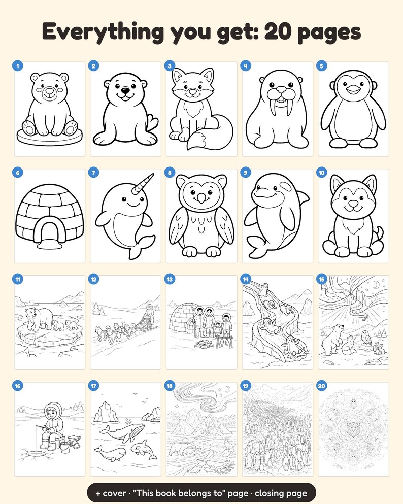 May include: A coloring book featuring 20 pages of arctic-themed illustrations, including individual animals like a bear, seal, fox, walrus, penguin, narwhal, owl, orca, and husky, plus detailed landscape scenes and a mandala design.