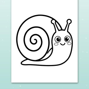 K&ouml;nnte beinhalten: Eine schwarz-wei&szlig;e Malvorlage mit einer l&auml;chelnden Schnecke, die ein gro&szlig;es Spiralgeh&auml;use, zwei F&uuml;hler und ovale Wangenmarkierungen hat. Unter der Illustration steht der Text: Big spaces for little hands.