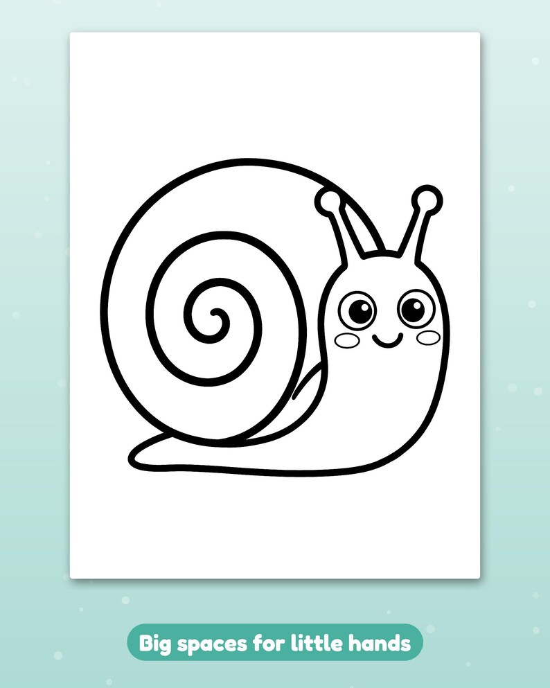 K&ouml;nnte beinhalten: Eine schwarz-wei&szlig;e Malvorlage mit einer l&auml;chelnden Schnecke, die ein gro&szlig;es Spiralgeh&auml;use, zwei F&uuml;hler und ovale Wangenmarkierungen hat. Unter der Illustration steht der Text: Big spaces for little hands.